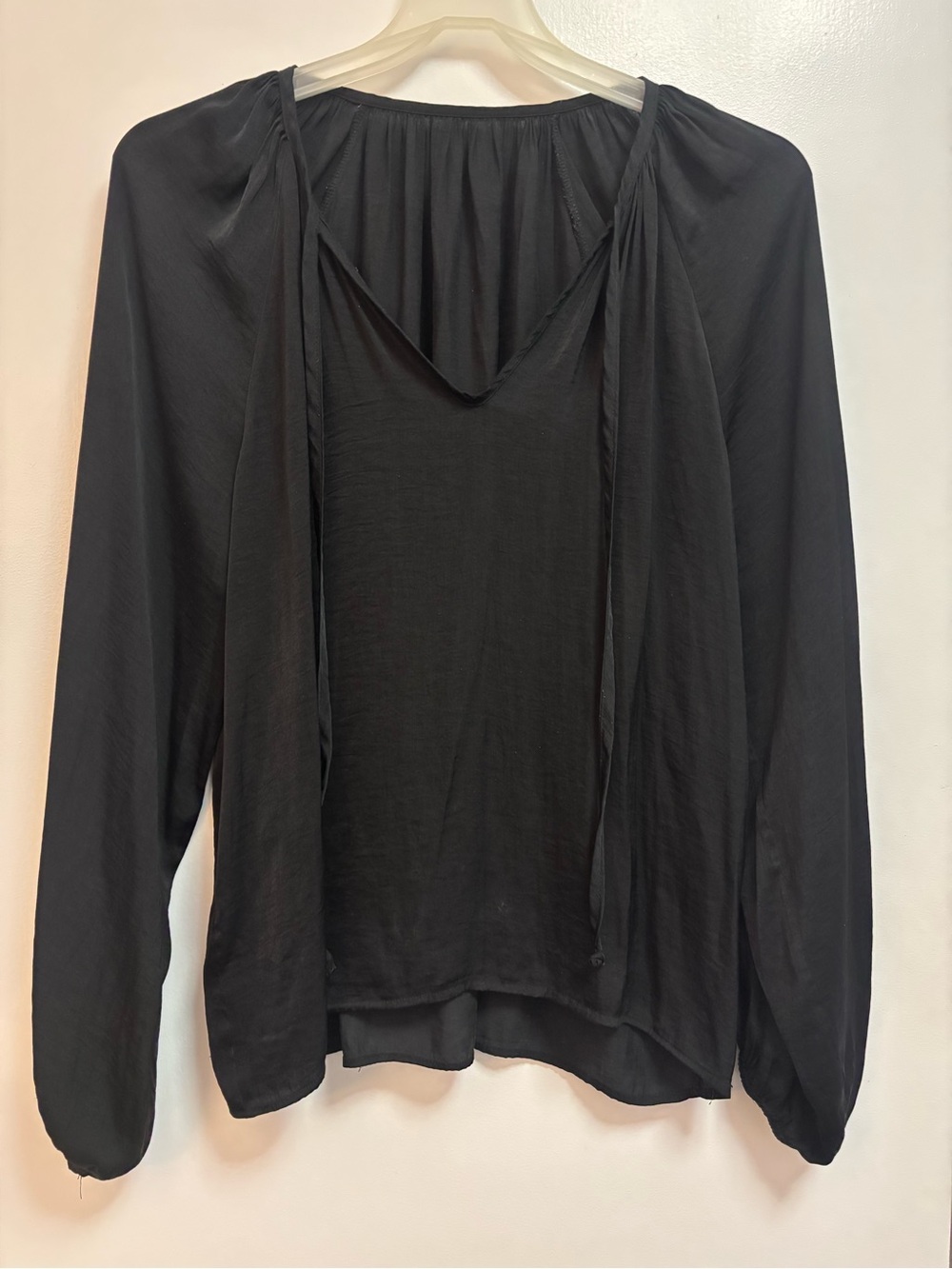 Women's Black Long-Sleeve V-Neck Tie Blouse - Size Large
